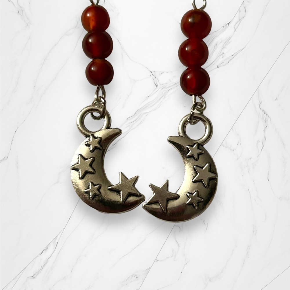 Hand Crafted Earrings Red Agate Moon & Star Dangle Pierced Silver Statem…